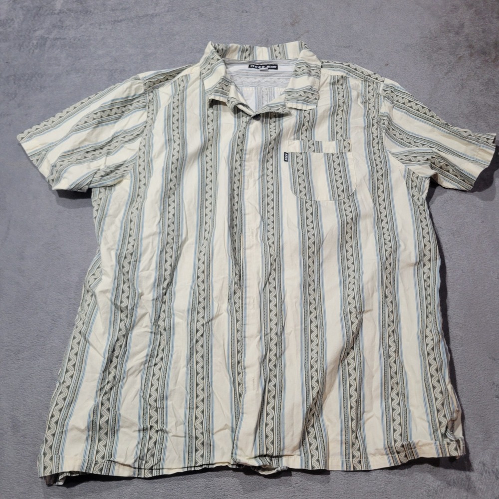 Reef Button Down Shirt Mens XL Tan Blue Geometric Stripe Surf Boho Casual Cotton